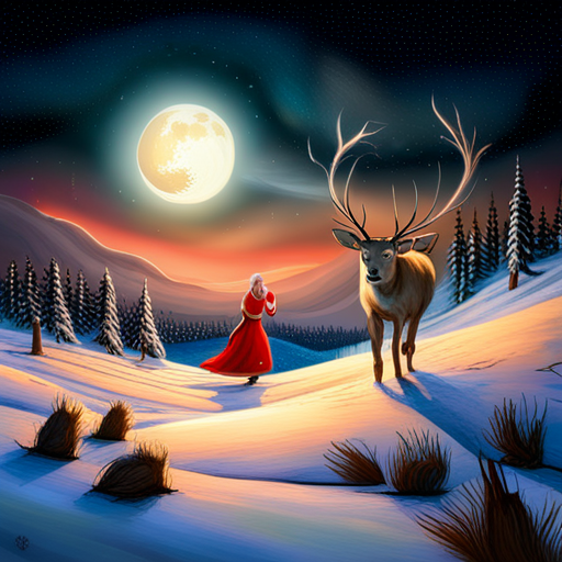 reindeer, Santa Claus, delivering presents, magical, winter wonderland, whimsical, holiday spirit, sleigh, flying, snowy landscape, starry night, festive atmosphere, joyful, celebration, mythical creatures, gift-giving, Christmas, enchanting, fairytale, dreamlike, mystical, fantasy