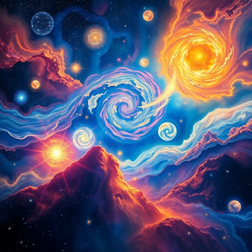 cosmic wonders, vast universe, starry expanse, luminous nebulae, swirling galaxies, ethereal beauty, celestial bodies, brilliant supernova, infinite cosmos, Vincent Van Gogh's Starry Night influence, surreal dreamscape, vibrant color palette, radiant hues, mystical aura, enchanting textures, dynamic composition, expansive horizon, awe-inspiring, mesmerizing luminosity, William Blake's influence, transcendental serenity, cosmic dance, infinite possibilities