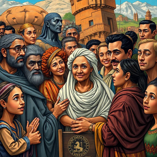 diverse society, historical references, ancient to modern, cultural tapestry, inclusivity, Norman Rockwell inspiration, pop art, vibrant colors, dynamic storytelling, community interactions, human connections, exaggerated expressions, educational themes, social awareness, narrative depth, illustrative style, detailed line work, symbolic representation, diverse landscapes, time progression, socio-political commentary, engaging atmosphere, visual dialogue, layered storytelling, rich textures, textural detail, thought-provoking, contemporary relevance