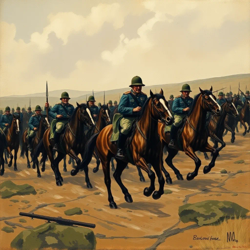 World War I cavalry, powerful horses, soldiers in uniform, historical war scene, epic scale, dynamic movement, Ernst Ludwig Kirchner, expressionism, dramatic lighting, sepia tones, rough textures, battlefield atmosphere, intense emotion, early 20th century war art, cultural impact, symbolism of heroism, detailed military attire, perspective of motion, historic documentation, medium of oil painting, layered composition, contrasting colors, rugged terrain, sense of chaos, orchestrated action, symbolic of bravery, historical narrative, energetic brushstrokes