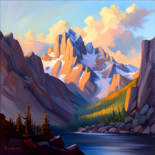 majestic peaks, rugged terrain, atmospheric perspective, muted colors, Impressionism, Hudson River School, light and shadow, texture, acrylic paint, naturalism, serenity, grandeur, scale, plein air, rocky outcroppings, dramatic sky, asymmetry, depth, soft brushstrokes, tranquility