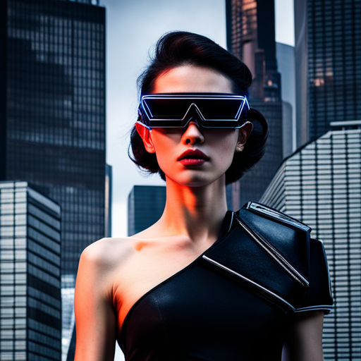 futuristic, sunglasses, neon lights, cyber style, geometric shapes, high contrast, fashion, rebellion, dystopian future, intense colors, electronic music, streetwear, augmented reality