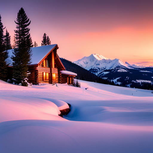 majestic, serene, landscape, peaceful, remote, solitude, cozy, rustic, wooden, cabin, mountains, nature, escape, retreat, tranquility, forest, trees, snow-capped, peaks, scenic enhance digital-art, photographic, artist names, impressionism, romanticism, Baroque, chiaroscuro lighting, rule of thirds composition, earth tones, soft and smooth textures, acrylic medium, brushstroke techniques, landscape subject matter, calm and contemplative mood, aerial perspective, flowing movement, cultural influences, large scale, natural materials, framed presentation, geometric shapes, bold and dynamic line quality, symbolism of nature, negative space, modern time period, high level of detail, Impressionist and Romantic artistic influences, capturing the essence of tranquility and serenity