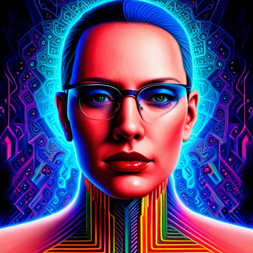 AI programming in a singularity matrix, exploring the boundaries of identity and consciousness through vivid colors and abstract shapes with hints of cyberpunk and postmodernism