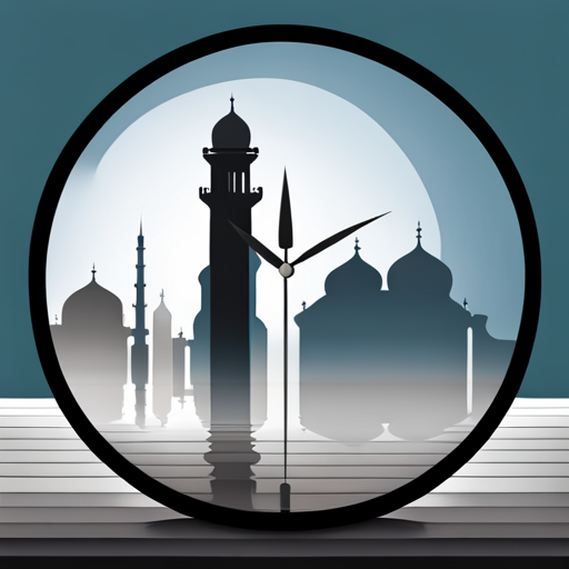 symbolic masjid, rounded border, border shadow, clock, time 04:10, caption, 7 minutes walking distance