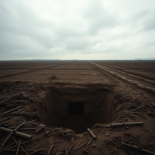 World War 1, shell hole, muddy landscape, desolation, somber mood, realism, historical context, war-torn terrain, intricate textures, Claude Monet, chiaroscuro lighting, melancholic ambiance, earthy tones, vast emptiness, erosion, scattered debris, rain-washed, dynamic composition, distant horizon, European landscape, trench warfare, atmospheric depth, intricate detail, raw emotion, layered complexity, emotive storytelling, ephemeral nature, wet ground, war remnants, reflective surfaces