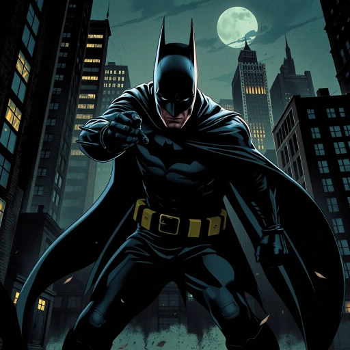 heroic, vigilante, cityscape, dynamic poses, action-packed scene, late 1930s noir, strong jawline, enigmatic, Dark Knight influence, chiaroscuro, graphic novel aesthetics, dramatic shadows, urban environment, caped figure, bold lines, contrasting colors, crime-fighting, tension, mystery, iconic silhouette, night setting, Gotham-like architecture, expressive, narrative-driven
