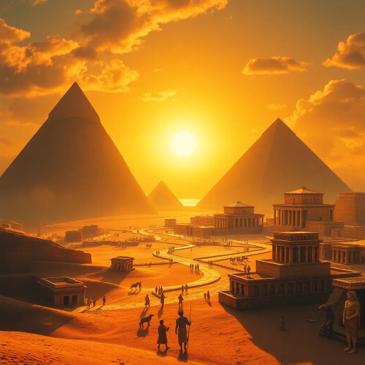 ancient Egypt, pharaoh, mystical, desert landscape, golden sands, pyramids in distance, hieroglyphics, intricate detail, vibrant hues, rich color palette, surreal lighting, magic, sphinx, sun-kissed stone, timeless, divine symbolism, echoes of history, mystical atmosphere, intricate patterns, divine geometry, cultural heritage, mythological essence, spiritual aura, timeless architecture, ancient civilization, ceremonial, ethereal glow, divine presence, artistic grandeur, desert mystique, historical reverence, legendary tales