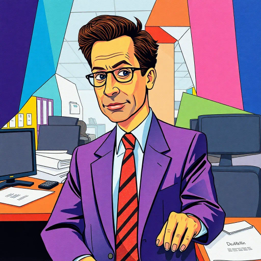 Michael Scott, geometric, cubist influence, abstract expressionism, vibrant color palette, office space, surreal composition, modern corporate satire, intricate line patterns, fragmented forms, Dunder Mifflin, pop art, humor, whimsical tone, mixed media, overlapping shapes, exaggerated proportions, dynamic angles, bold contours, cultural commentary, contemporary setting, pastel highlights, texture variation, visual rhythm, abstract storytelling, conceptual depth, dimensional interplay