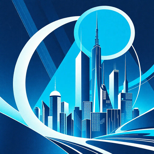 visionary leadership, corporate world, dynamic energy, abstract geometry, bold lines, futurism, retro-futuristic, sleek design, high contrast, minimalism, blue and silver palette, digital texture, sophistication, precision, influence of Kandinsky, modernism, vibrant energy, ambition, power, high stakes, innovation, business hub, urban landscape, mid-century influence, cutting-edge technology, strategic thinking, contemporary artwork, financial district skyline, corporate hierarchy, executive presence