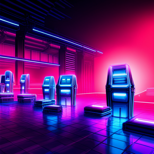 Futuristic cyberpunk arcades with glowing neon lights, generative digital visuals, kinetic energy, glitch aesthetics, retro-futurism, retro arcade games, pixelated characters, neon colors, fuzzy CRT monitors, synthwave music, high scores, flashing screens, circuit boards, arcade cabinets, hacking culture, dystopian societies, glitch art, 8-bit graphics, vaporwave, Atari era, sci-fi concepts