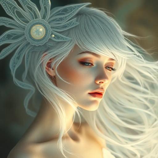 ethereal woman, medium white hair, whimsical, ethereal lighting, Vermeer influence, baroque hints, soft highlights, Renaissance elegance, surreal composition, pastel tones, gentle textures, smooth brushstrokes, delicate expressions, serene mood, classical framing, flowing movement, introspective gaze, intricate patterns, harmony and balance, subtle symbolism, dreamlike atmosphere, art of Vermeer, baroque period, renaissance art, mid-century modern, soft pastel palette, gentle and smooth, serene and introspective, flowing and balanced, surreal and dreamlike