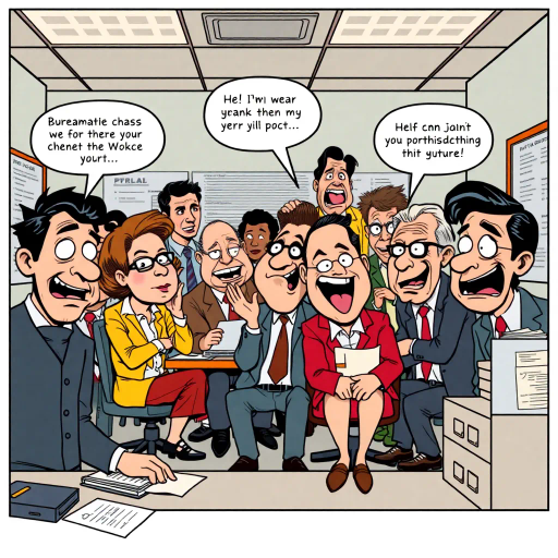 satirical workplace comedy, surreal humor, ensemble cast, bureaucratic chaos, 21st century pop culture, vibrant color palette, exaggerated expressions, dynamic panels, Roy Lichtenstein influences, witty dialogue, mundane office setting, everyday absurdities, overlapping story arcs, exaggerated caricatures, visual puns, contemporary Americana, awkward social interactions, humorous banter, slapstick elements, narrative vignettes, satirical undertones