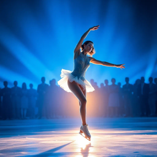 figure skater, dramatic poses, dynamic movement, vibrant blue hues, luminous background, expressive gestures, olympic grace, audience shadows, sleek costume design, neon highlights, Renaissance lighting, elegance and poise, icy reflections, surreal ambiance, contrast and depth, hyper-realistic rendering, light and shadow play, artistic elegance, vivid imagination, tension and energy, atmospheric setting