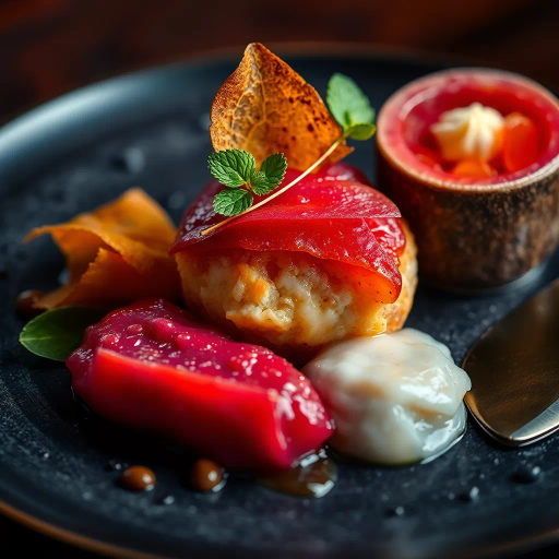 hyper-realistic, culinary artistry, still life, vibrant colors, succulent textures, food photography, gourmet presentation, chiaroscuro lighting, rich detail, natural composition, culinary textures, food stylization, glossy surfaces, nuanced hues, modern aesthetic, exquisite plating, artisanal craftsmanship, gourmet indulgence, food as art, visual feast, sumptuous presentation, high contrast, appetizing visual, culinary elegance, Annie Leibovitz, Vermeer, contemporary realism, macro photography, delicate balance, culinary masterpiece, artistic finesse, sensory delight, taste and visual harmony, opulent dining, immersive experience, luxurious textures