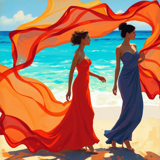 elegant figures, beach scene, vibrant sunlight, azure waters, flowing fabric, Henri Matisse, impressionism, contemporary allure, warm hues, dynamic composition, summer breeze, leisurely grace, chromatic harmony, tranquil ambiance, fluid lines, art deco influences, intimate scale, ethereal light, cultural richness, playful interaction, Mediterranean essence, soft brush strokes