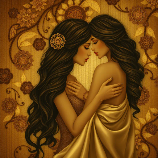 romantic sensuality, chiaroscuro lighting, vivid hues, flowing lines, emotional depth, intimate setting, Gustav Klimt influences, rich textures, human form, warm ambiance, baroque compositions, provocative aesthetic, seductive elegance, delicate forms, renaissance echoes, passionate expression, lush brushstrokes, dynamic movement, dreamlike atmosphere, contemporary flair, evocative symbolism, narrative quality, intimate portraiture, sensuous allure, timeless romance, intricate ornamentation, visual poetry, dramatic shadows