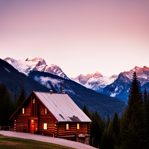 majestic, serene, landscape, peaceful, remote, solitude, cozy, rustic, wooden, cabin, mountains, nature, escape, retreat, tranquility, forest, trees, snow-capped, peaks, scenic enhance digital-art, photographic, artist names, impressionism, romanticism, Baroque, chiaroscuro lighting, rule of thirds composition, earth tones, soft and smooth textures, acrylic medium, brushstroke techniques, landscape subject matter, calm and contemplative mood, aerial perspective, flowing movement, cultural influences, large scale, natural materials, framed presentation, geometric shapes, bold and dynamic line quality, symbolism of nature, negative space, modern time period, high level of detail, Impressionist and Romantic artistic influences, capturing the essence of tranquility and serenity