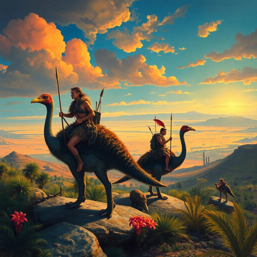 prehistoric warriors, clad in animal pelts, riding dinosaur-like cassowaries, oasis landscape, expansive desert horizon, vibrant colors, dramatic lighting, dynamic movement, Jean Giraud, Maxfield Parrish, Maurice Sendak, Henri Rousseau, surreal landscape, intricate textures, ancient mythology, cinematic scale, expressive brushstrokes, whimsical creatures, imaginative world-building, rich detail, tribal culture, epic scale, prehistoric flora, convergence of eras, ethereal atmosphere, adventurous spirit, untamed wilderness, cultural symbolism, mystical aura, panoramic view, prehistoric visual storytelling, vibrant colors, textured surfaces, dramatic composition, lavish detailing