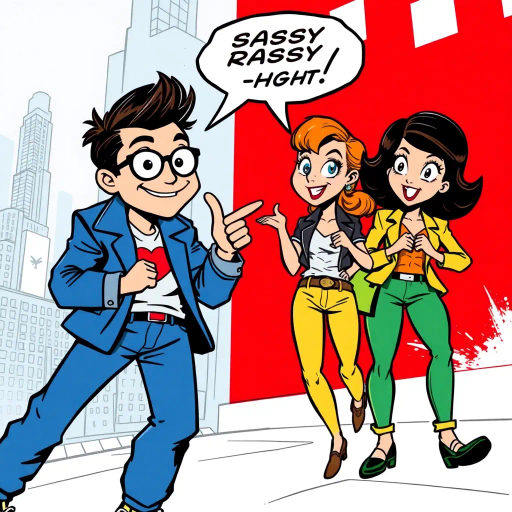 sassy characters, playful demeanor, expressive gestures, exaggerated expressions, vibrant colors, pop-art influence, dynamic composition, energetic lines, contemporary fashion, urban setting, whimsical mood, Roy Lichtenstein, speech bubbles, bold outlines, 1960s comic style, humorous tone, graphic art, American comic elements, expressive eyes, stylized features, youthful adventure, lively interaction, city backdrop, cultural nuances, lighthearted narrative, contrast between characters, bold typography, engaging story, visual storytelling