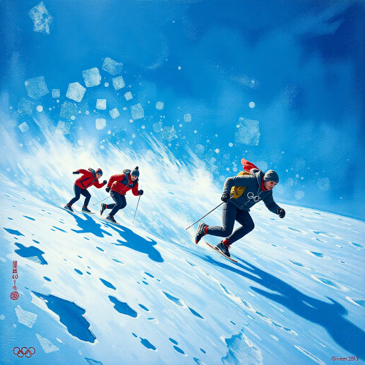 winter olympics, Adolphe Mouron Cassandre, dynamic composition, vibrant movements, cold hues, frosty blues, sparkling whites, contrasting shadows, atmospheric depth, panoramic vistas, kinetic energy, athletic prowess, cultural celebration, Olympic spirit, Art Deco influences, geometric patterns, sweeping curves, expressive lines, emotional intensity, grand scale, global unity, dramatic lighting, icy textures, timeless grandeur, elegant symmetry, inspiring competition, frozen terrains, monumental arenas, inspired by tradition, contemporary innovation, international camaraderie