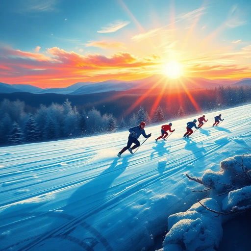 winter olympics, Adolphe Mouron Cassandre, dynamic composition, vibrant movements, cold hues, frosty blues, sparkling whites, contrasting shadows, atmospheric depth, panoramic vistas, kinetic energy, athletic prowess, cultural celebration, Olympic spirit, Art Deco influences, geometric patterns, sweeping curves, expressive lines, emotional intensity, grand scale, global unity, dramatic lighting, icy textures, timeless grandeur, elegant symmetry, inspiring competition, frozen terrains, monumental arenas, inspired by tradition, contemporary innovation, international camaraderie