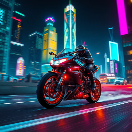 futuristic motorcycle, sleek design, dynamic movement, vibrant neon lighting, retro-futurism aesthetics, Ralph McQuarrie, cyberpunk cityscape, speed and energy, chrome finishes, intricate mechanical details, kinetic composition, bold contrasts, urban night setting, digital rendering techniques, motion blur, concept art, streamlined form, synthetic materials, high contrast shadows, immersive environment, Akira inspiration, Blade Runner ambiance, luminous reflections, electric hues, cutting-edge technology, dusk ambiance, cinematic angles, futuristic metropolis, pulsating vibrancy