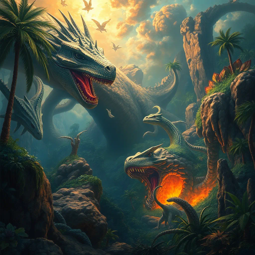 prehistoric landscapes, mysterious aura, John Howe inspiration, vibrant scales, dynamic movement, dramatic lighting, ancient jungles, surrealism, vivid colors, intricate textures, colossal creatures, Renaissance influences, epic composition, whimsical imagination, expansive perspective, symbolic resonance, intricate details, primal emotion, lush foliage, otherworldly existence, vivid narrative storytelling