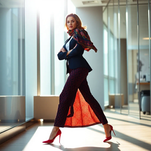 elegant arab lady, business attire, high heels, dynamic pose, contemporary fashion, rich color palette, intricate patterns, office setting, afternoon sunlight, inspired by Hassan Hajjaj, modern arabesque, sophistication, empowerment, cultural fusion, detailed textures, graceful movement, confident expression, high contrast, vibrant atmosphere, fashionable ensemble, fine lines, urban elegance, poised demeanor