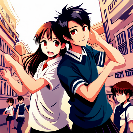 cute illustration, manga, school life, romance, friendship, teenage girl, group of boys, vibrant colors, expressive characters, dynamic poses