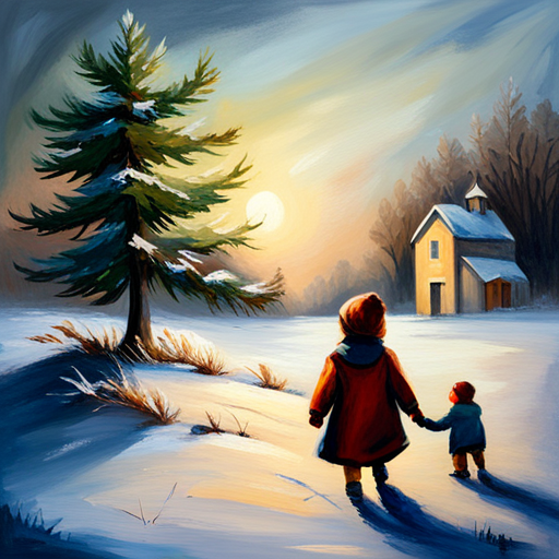 Winter, Children, Christmas Tree, Vintage, Oil on Canvas, Painting, Impression