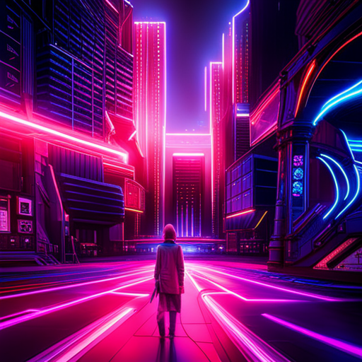 vibrant colors, geometric shapes, cyberpunk influences, surrealism, dynamic composition, futuristic aesthetic, neon lights, arcade games, digital glitches, generative art