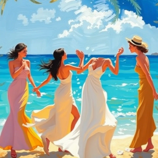 elegant figures, beach scene, vibrant sunlight, azure waters, flowing fabric, Henri Matisse, impressionism, contemporary allure, warm hues, dynamic composition, summer breeze, leisurely grace, chromatic harmony, tranquil ambiance, fluid lines, art deco influences, intimate scale, ethereal light, cultural richness, playful interaction, Mediterranean essence, soft brush strokes