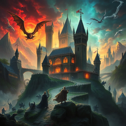 medieval kingdoms, mythical creatures, enchanted forests, dramatic lighting, dynamic composition, vibrant colors, detailed textures, epic landscapes, fantastical characters, heroic quests, magical realms, Arthurian legends, immersive environments, surreal elements, immersive mood, narrative storytelling, sweeping vistas, intricate armor, ancient runes, grand castles, mystical auras, imaginative worlds, allegorical tales