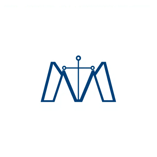 minimalist, bold, letter M, logo design, solid geometric shapes, V-shaped connectors, branching lines, hierarchy symbolism, indigo blue color palette, flat vector style, clean composition, modern SaaS branding, software aesthetics, white background, high-tech elegance, contemporary design, clarity, sleek presentation, geometric precision, corporate identity, monochromatic balance, visual hierarchy