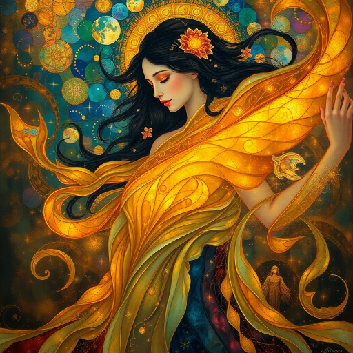 ethereal woman, inspired by Gustav Klimt, surrealism, vibrant colors, luminous lighting, intricate patterns, flowing forms, emotional depth, expressive movement, modernism, celestial ambiance, delicate textures, feminine mystique, Art Nouveau influences, dreamlike atmosphere, golden hues, symbolic elements, layered composition, elegant curves, abstract forms, harmonious balance, visionary interpretation, transcendent beauty