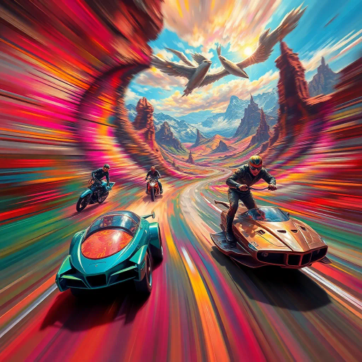 dynamic journey, sweeping landscapes, surrealism, vibrant colors, Salvador Dalí, fantastical vision, sweeping curves, chrome textures, dramatic lighting, high saturation, imaginative composition, speed and momentum, adventurous spirit, futuristic vehicles, exhilarating motion, ethereal clouds, dreamlike atmosphere, vast horizons, whimsical elements, mystical aura, harmonious balance, asymmetrical design, emotional energy