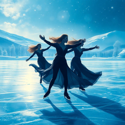 winter landscape, graceful skater, Olympic competition, dynamic motion, surreal elegance, glistening ice, dramatic lighting, vibrant colors, fluid movement, delicate balance, modern artistry, celebratory atmosphere, sportsmanship, international influence, precise technique, Alexander Calder inspiration, futuristic design, cold palette, geometric patterns, sweeping lines, epic scale, abstract realism, vivid textures, harmonious composition