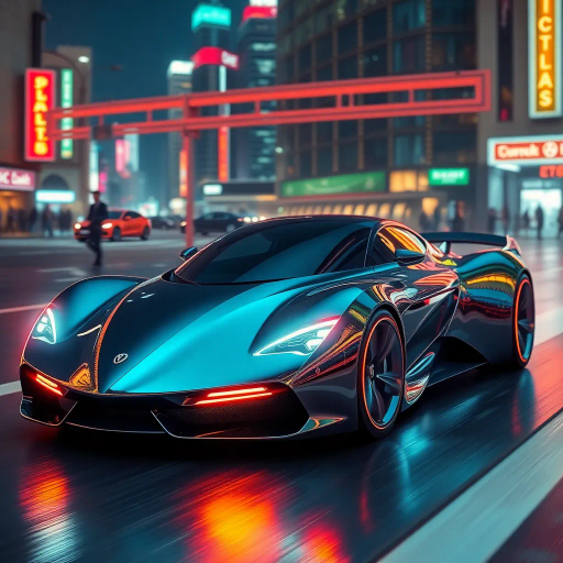 futuristic car design, sleek lines, chrome finish, vibrant neon highlights, dramatic lighting, dynamic movement, aerodynamic shape, retro-futurism, precision engineering, urban environment, concept art, high-tech materials, hyper-realistic detailing, modern aesthetics, speed and agility, metallic textures, ambient atmosphere, avant-garde composition, illuminated cityscape, art deco influences