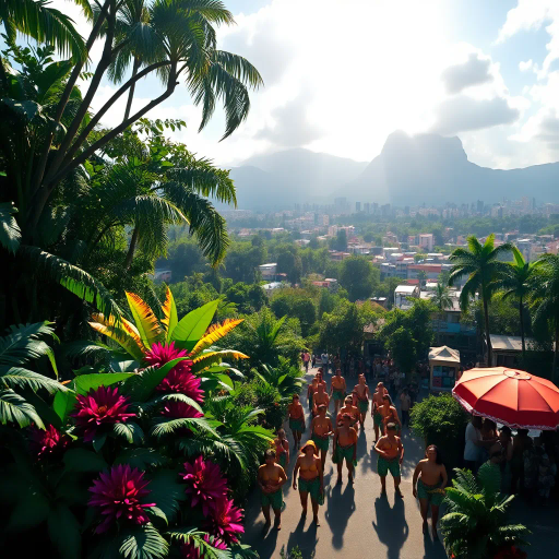 tropical paradise, vibrant rainforest, Rio Carnival, Brazilian culture, Jorge Selarón, Carmen Miranda, exuberant colors, lush vegetation, dynamic samba dancers, vivid patterns, Amazon River, exotic wildlife, modern architecture, indigenous art, celebratory mood, Afro-Brazilian heritage, vibrant street scenes, bold compositions, fluid movement, warmth and energy, sunlit landscapes, urban diversity, festive atmosphere, contemporary influences, chromatic brilliance