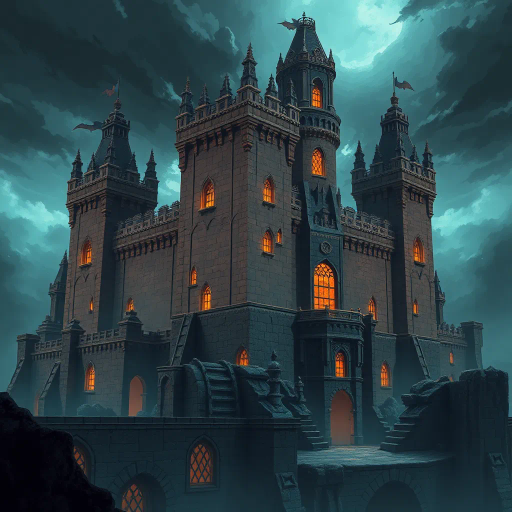 medieval fortress, epic scale, stormy skies, realistic textures, dramatic lighting, dynamic perspective, pixelated details, fantasy landscape, J.R.R. Tolkien, pixel-art influences, ominous clouds, architectural design, ancient stonework, vibrant greens and blues, ethereal mood, surreal atmosphere, adventure theme, intricate patterns, mythical ambiance, immersive environment, atmospheric depth