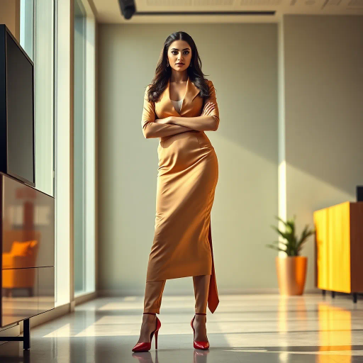 elegant arab lady, professional setting, high-fashion heels, modern office, cultural elegance, vivid colors, dynamic composition, natural light, Henri Matisse influences, contemporary style, luxurious fabric textures, warm tones, poised and confident expression, sleek silhouette, refined and sophisticated, detailed attire, graceful posture, Middle Eastern aesthetic, juxtaposition of tradition and modernity, evocative mood, subtle symbolism, realistic proportions, intricate detailing, work environment, empowerment theme
