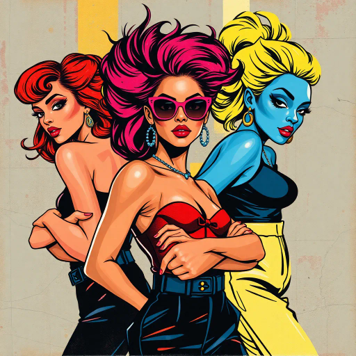 sassy ladies, vibrant colors, contemporary fashion, pop art influences, bold geometries, expressive poses, high contrast, dynamic lighting, Andy Warhol inspiration, urban chic, whimsical yet assertive, abstract backgrounds, mixed media techniques, modern aesthetics, empowerment, multicultural elements, intricate details, lively textures, confident expressions, fashion illustration style