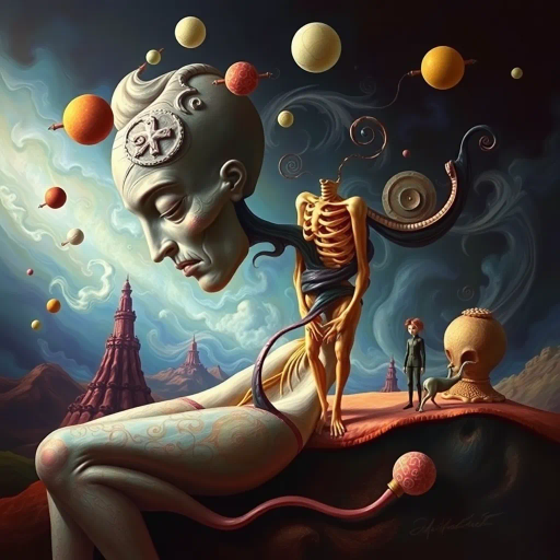 surreal anatomy, Salvador Dali influence, dream-like, soft lighting, whimsical, abstract forms, organic shapes, flowing lines, symbolism of life, contrasting colors, dynamic composition, imaginative exploration, emotional tone, fantastical elements, ethereal textures, modern interpretation, creative expression, surrealist techniques, bold contrasts, vibrant palette