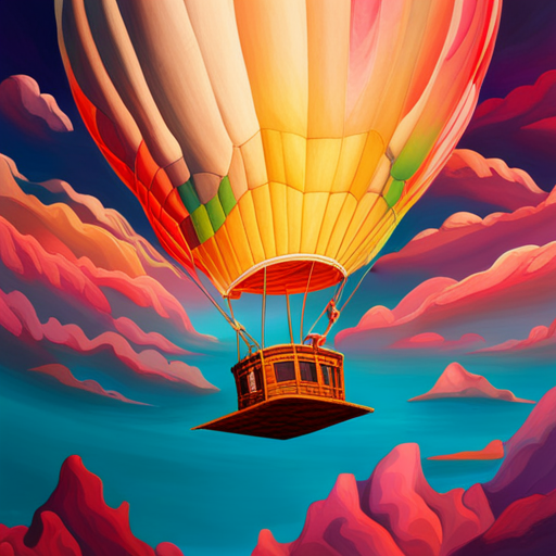 vibrant colors, large scale, dreamlike landscape, whimsical hot air balloon, surreal atmosphere, fantasy elements, imaginative composition, ethereal lighting, fantastical perspective, magical realism, floating sensation, colorful palette, otherworldly adventure