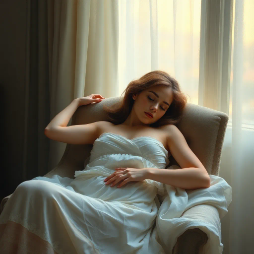 tranquil scene, woman, sleeping, seated on chair, delicate posture, soft ambient light, serene expression, gentle repose, impressionist touch, pastel colors, dreamlike atmosphere, elegant curves, calming mood, ethereal glow, romanticism, calm tranquility, subtle shadows, relaxed muscles, atmospheric depth, peaceful dreamscape, soothing composition, reposed stillness, intimate setting, classical influence, fine details, harmonious balance, reflective bliss, soothing aura