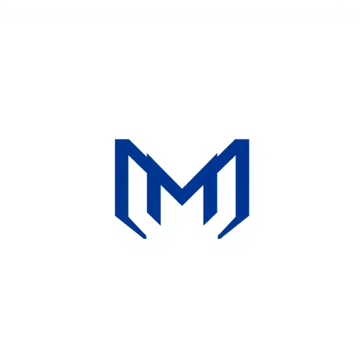 minimal M logo, perspective convergence, depth, hierarchy, solid indigo blue, geometric, modern tech design, flat vector, white background, Bauhaus influences, clean lines, symmetry, contemporary aesthetics, spatial innovation, futurism, precision, abstraction, innovative branding, structural elegance