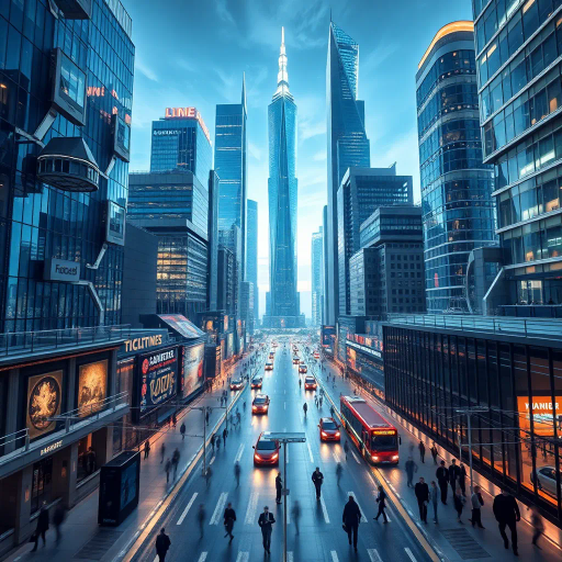 futuristic metropolis, bustling cityscape, sleek skyscrapers, modern architecture, vibrant lighting, dynamic composition, chrome finishes, reflections, business attire, people in motion, urban energy, technological advancement, art deco influences, geometric patterns, efficient transport, global connections, panoramic perspective, contrasting tones, high detail, influential leaders, innovative designs, economic power, blue and silver palette, professional atmosphere