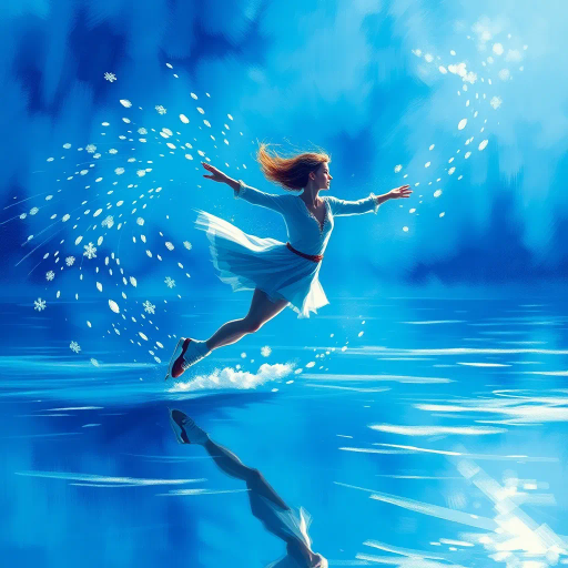 winter landscape, graceful skater, Olympic competition, dynamic motion, surreal elegance, glistening ice, dramatic lighting, vibrant colors, fluid movement, delicate balance, modern artistry, celebratory atmosphere, sportsmanship, international influence, precise technique, Alexander Calder inspiration, futuristic design, cold palette, geometric patterns, sweeping lines, epic scale, abstract realism, vivid textures, harmonious composition