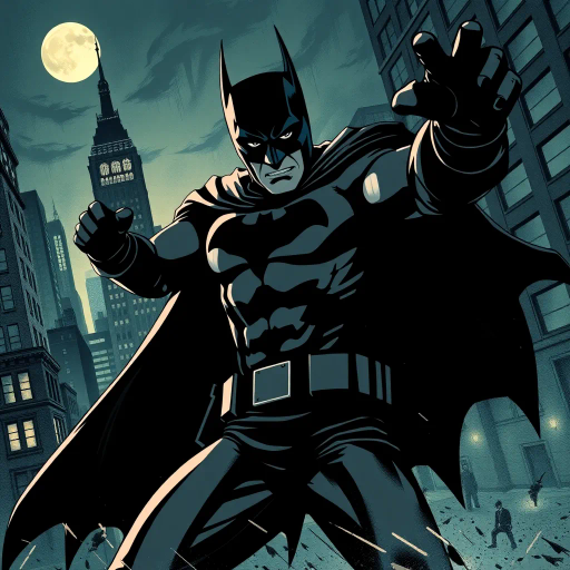heroic, vigilante, cityscape, dynamic poses, action-packed scene, late 1930s noir, strong jawline, enigmatic, Dark Knight influence, chiaroscuro, graphic novel aesthetics, dramatic shadows, urban environment, caped figure, bold lines, contrasting colors, crime-fighting, tension, mystery, iconic silhouette, night setting, Gotham-like architecture, expressive, narrative-driven